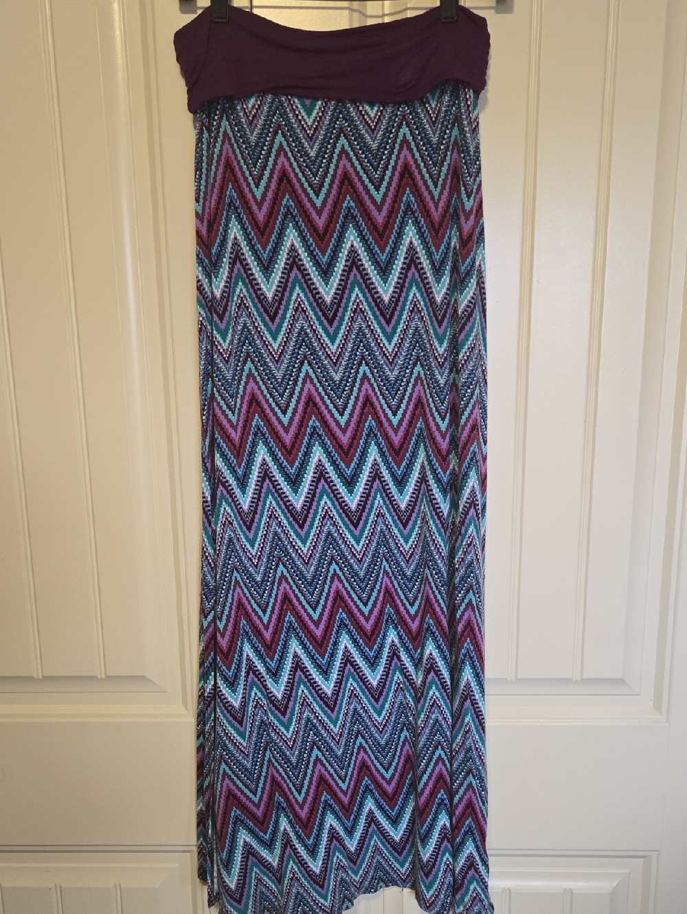Chevron Maxi Skirt with Fold-Over Waistband in Purple & Teal